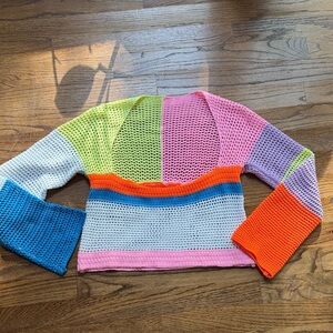 Colorblock Crochet Open-Knit Sweater - Multicolor